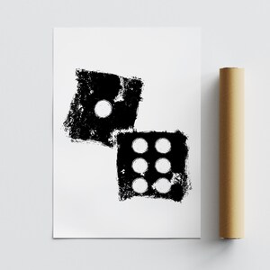 May include: Black and white illustration of two dice. The dice are drawn in a grunge style with a rough texture.