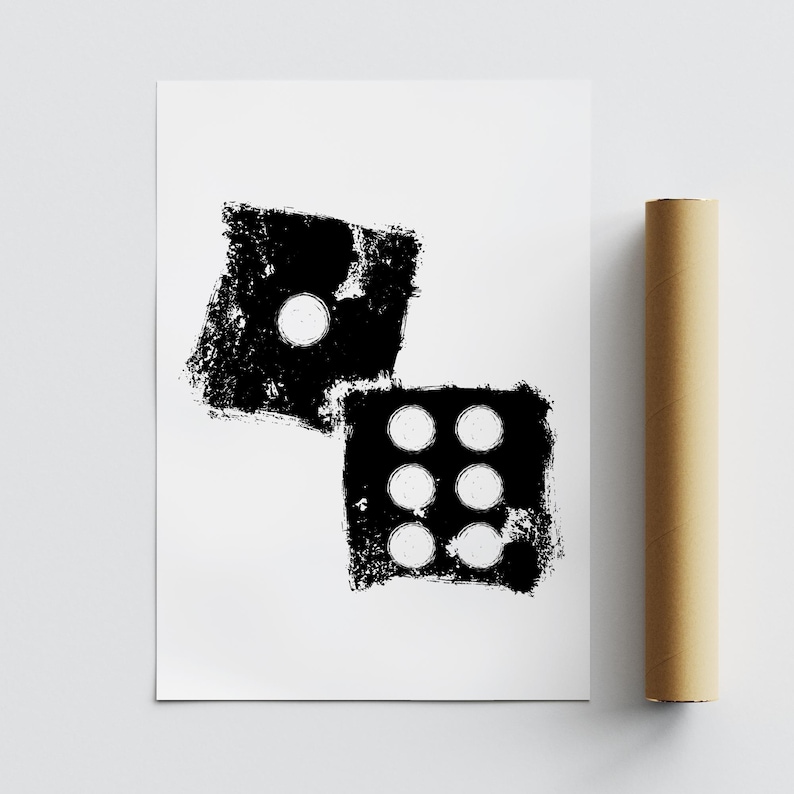 May include: Black and white illustration of two dice. The dice are drawn in a grunge style with a rough texture.