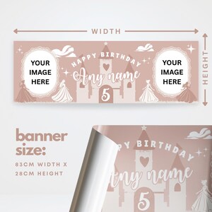 May include: A pink birthday banner with a castle design, text that reads "Happy Birthday" and "Any name", and the number 5. The banner has spaces for images and measures 83cm wide and 28cm high.