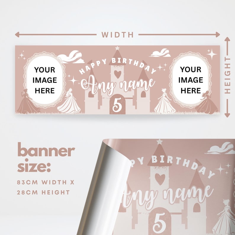 May include: A pink birthday banner with a castle design, text that reads "Happy Birthday" and "Any name", and the number 5. The banner has spaces for images and measures 83cm wide and 28cm high.