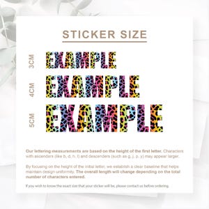 May include: A white background displays sticker size examples. Three lines of the word "EXAMPLE" are shown in a colorful leopard print pattern. The text "STICKER SIZE" is at the top. The examples are 3cm, 4cm, and 5cm in height.