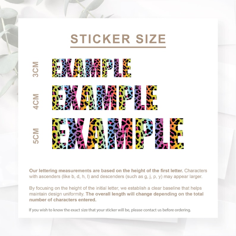 May include: A white background displays sticker size examples. Three lines of the word "EXAMPLE" are shown in a colorful leopard print pattern. The text "STICKER SIZE" is at the top. The examples are 3cm, 4cm, and 5cm in height.