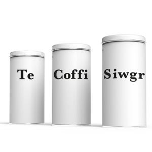 May include: Three white cylindrical canisters with silver rims. The canisters are labeled "Te", "Coffi", and "Siwgr" in black text. The canisters are arranged in a row against a white background.