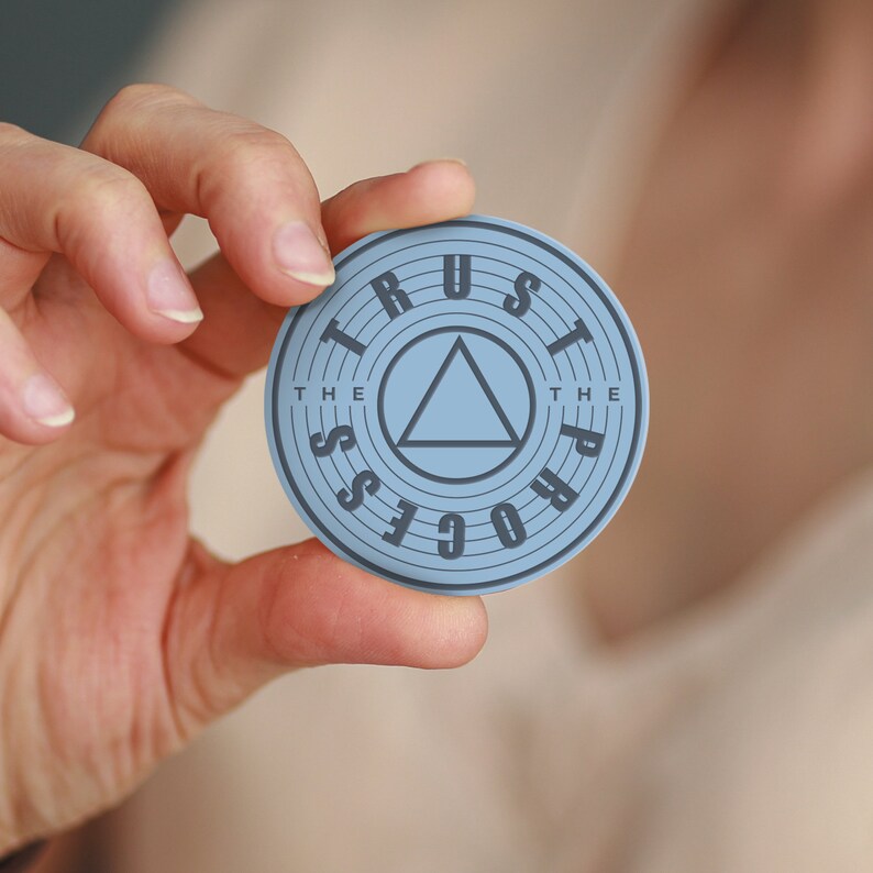 May include: A blue round sticker with the text "TRUST THE PROCESS" in a circle around a blue triangle.