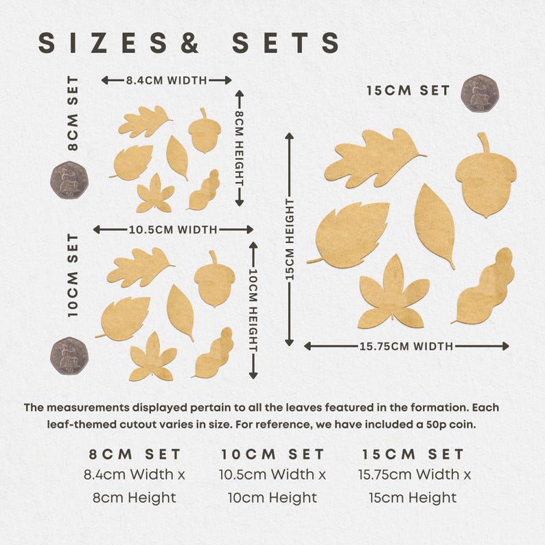 May include: Three sets of autumn leaf cutouts in different sizes. The sets are labelled 8cm, 10cm, and 15cm. Each set includes a variety of leaf shapes and sizes, including acorns. The measurements of each set are listed below the image.