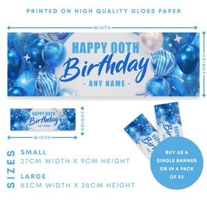 May include: A banner with the text "HAPPY OOTH BIRTHDAY - ANY NAME -" in blue script, surrounded by blue and white balloons. The banner is available in two sizes: 27cm x 9cm and 83cm x 28cm. The banner is printed on high-quality gloss paper.