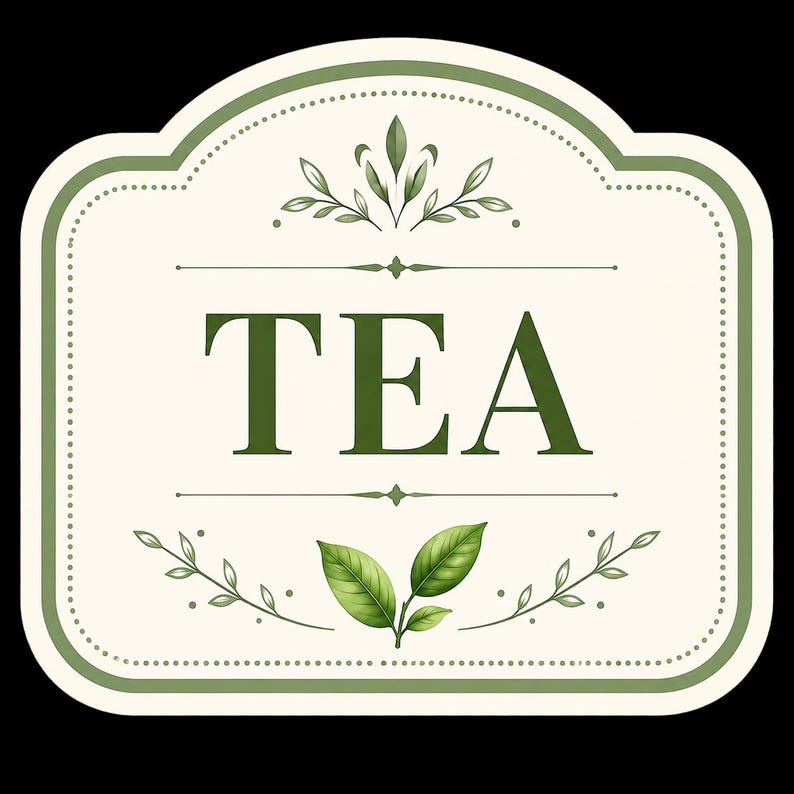 May include: A rectangular label with rounded corners featuring a cream-colored background and a sage green border. The word TEA is printed in large, dark green capital letters in the center, flanked by decorative green leaf illustrations.
