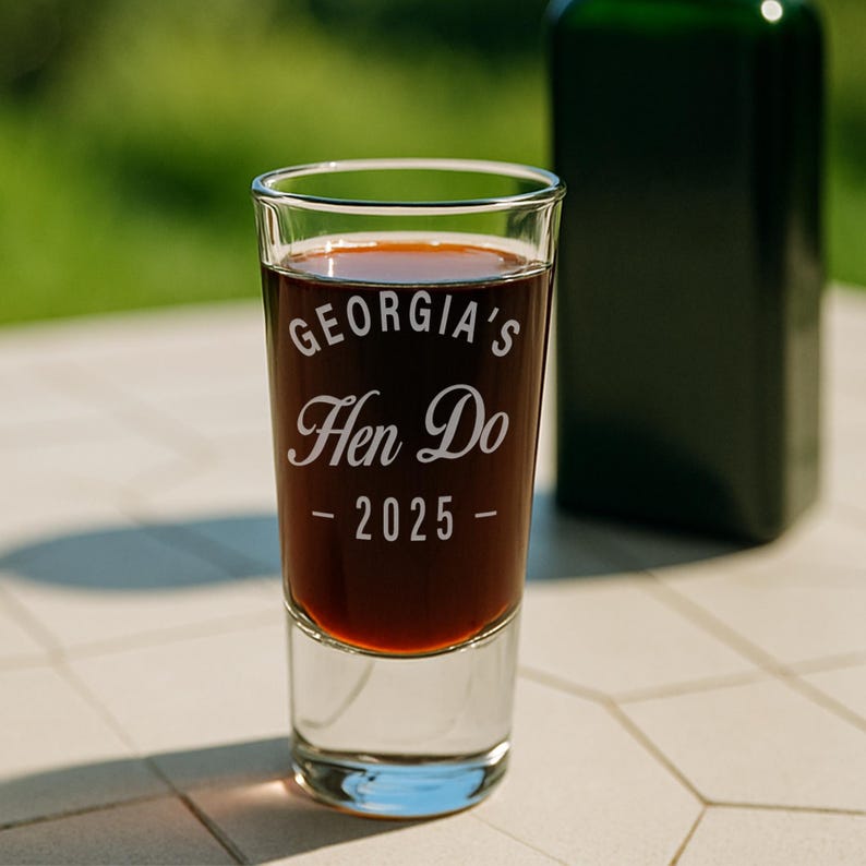 May include: A clear shot glass filled with a dark liquid, featuring the text "GEORGIA'S Hen Do - 2025" in a white, elegant font. A dark green bottle is slightly visible in the background. The glass sits on a light-colored surface.