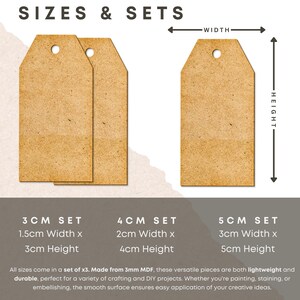 May include: Three sets of brown wooden craft tags in three sizes: 3cm, 4cm, and 5cm. Each set includes three tags. The tags have a hole at the top for string or ribbon. The tags are made from 3mm MDF and are lightweight and durable.
