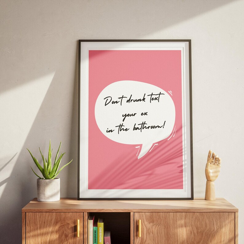 May include: A pink framed print with a white speech bubble that says "Don't drunk text your ex in the bathroom!" The print is on a wooden shelf with a potted plant and a decorative hand.