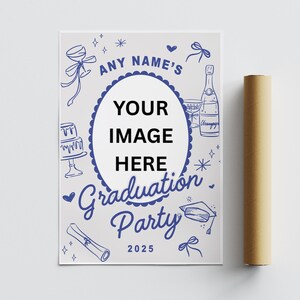 May include: A white graduation party poster with blue illustrations of a cake, champagne, and a diploma. The poster has the text "Any Name's", "Your Image Here", "Graduation Party", and "2025". A rolled-up poster is next to the poster.