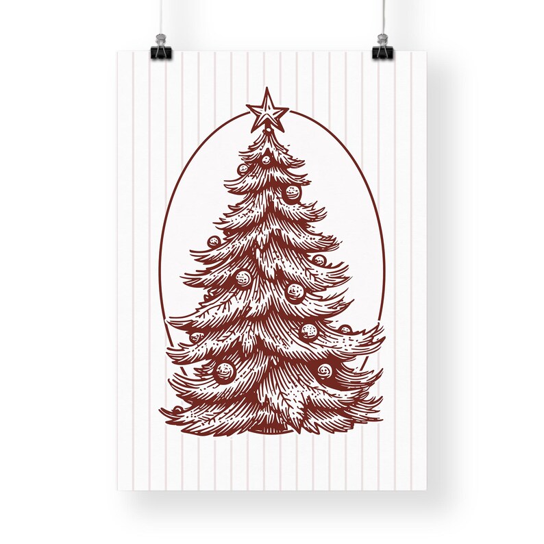 May include: A brown and white Christmas tree illustration on a poster. The tree is decorated with ornaments and a star on top, enclosed in an oval frame. The background has vertical stripes.