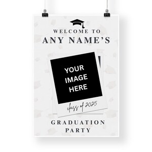 May include: A graduation party welcome sign with the text "WELCOME TO ANY NAME'S" and "YOUR IMAGE HERE" in a polaroid-style frame. The sign also includes "class of 2025" and "GRADUATION PARTY". The background has a subtle pattern of graduation caps.