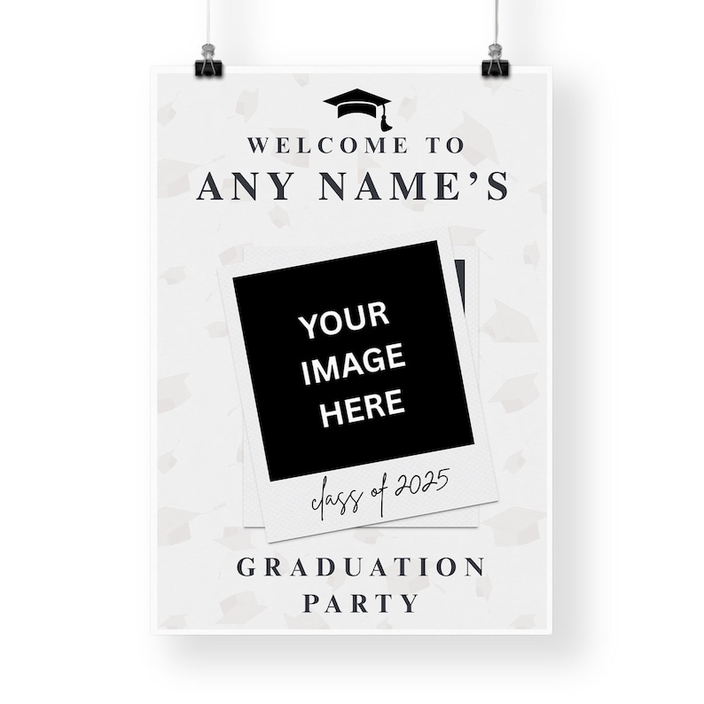 May include: A graduation party welcome sign with the text "WELCOME TO ANY NAME'S" and "YOUR IMAGE HERE" in a polaroid-style frame. The sign also includes "class of 2025" and "GRADUATION PARTY". The background has a subtle pattern of graduation caps.