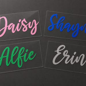 May include: Four clear acrylic name tags with names in various colors. The names are Daisy in pink, Shayne in blue, Alfie in green, and Erin in silver glitter. The names are in a cursive font, and the background is black.