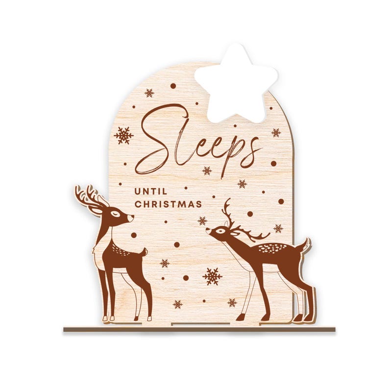 May include: Wooden Christmas countdown sign with two brown deer silhouettes and the text "Sleeps until Christmas".