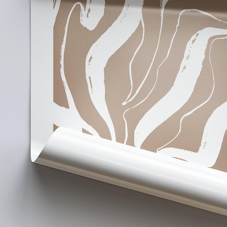 May include: A roll of white and brown patterned wallpaper with a swirling, abstract design. The wallpaper is rolled up and the edge is visible.