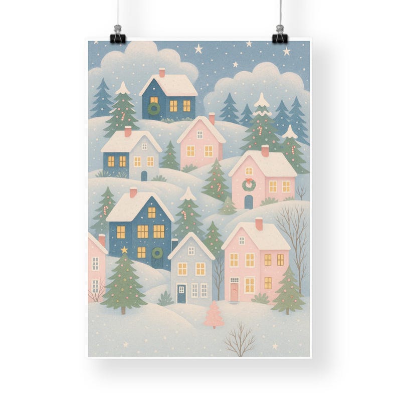 May include: A winter scene print featuring a village of colorful houses nestled in a snowy landscape. The houses are painted in shades of blue and pink, with lit windows and Christmas wreaths. Evergreen trees and falling snow complete the festive illustration.