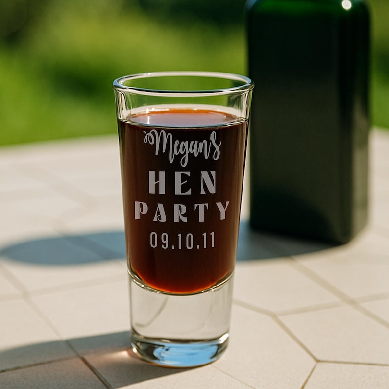 Op de afbeelding: Een helder shotglaasje gevuld met een donkere vloeistof. Op het glas staat in witte letters "Megans HEN PARTY 09.10.11". Op de achtergrond is een donkergroene fles te zien, wat duidt op een feest of viering.