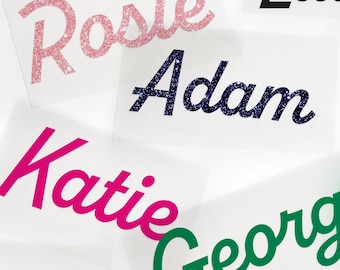 Personalised Name Iron-On Transfer |  Custom Script Font HTV Iron-On Stickerl Decal for T-Shirts, Tote Bags, Hen Tees, Baby Grows & More