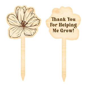 May include: Two wooden garden stakes. One is flower-shaped with a detailed floral outline. The other is cloud-shaped with the text "Thank You For Helping Me Grow!" in brown. Both stakes have a pointed end for easy insertion into the soil.