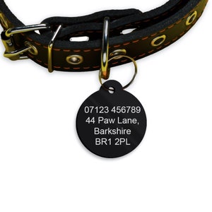May include: Black round dog tag with white text. The text reads: 07123 456789, 44 Paw Lane, Berkshire, BR1 2PL.