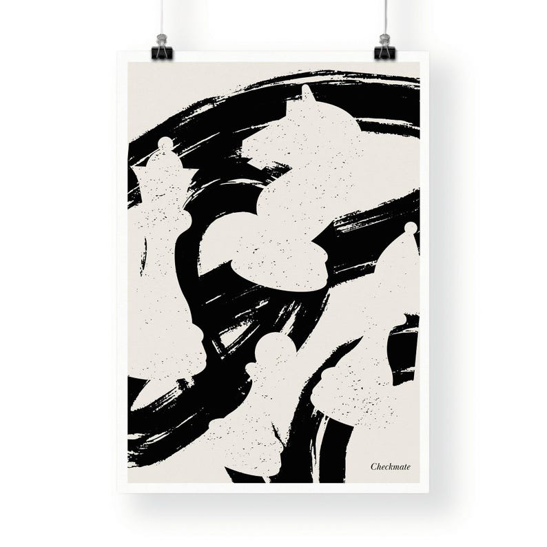 May include: Black and white abstract art print featuring chess pieces in a dynamic composition. The print has a textured background and the text "Checkmate" at the bottom.