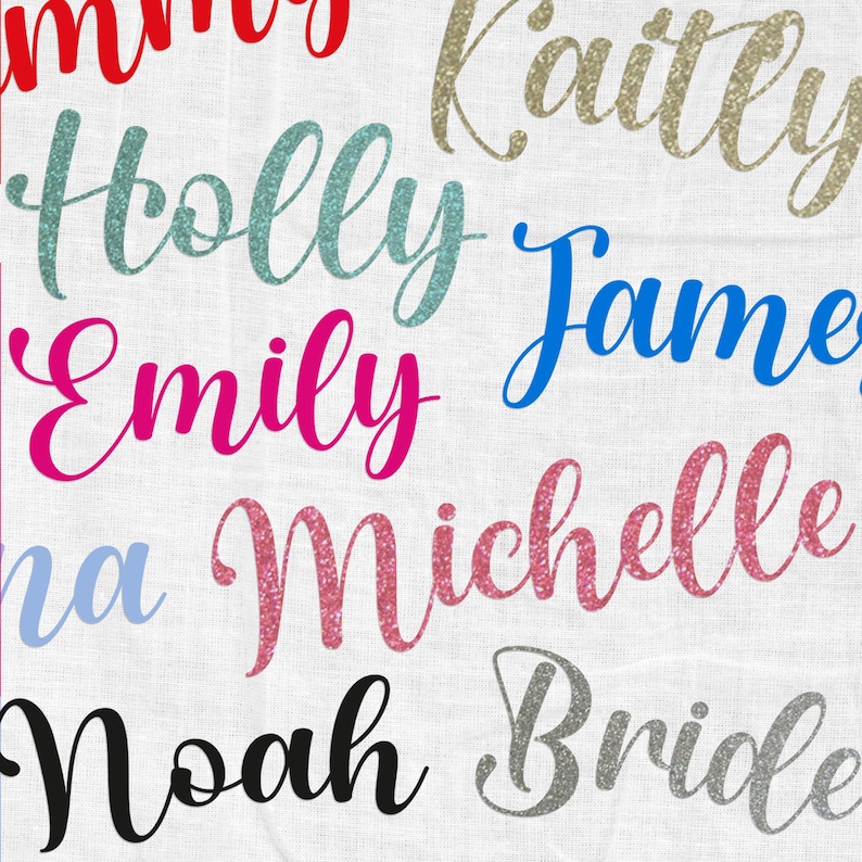 May include: A white background with a variety of names written in glitter. The names are: "Holly", "James", "Emily", "Michelle", "Noah", "Bridle", "Kaitlyn", and "Emma".