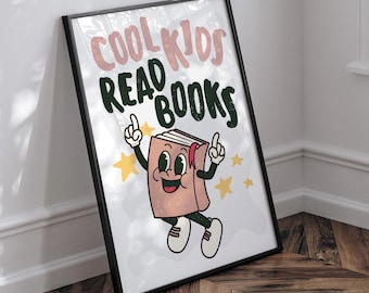 Cool kids read books - retro book poster: typography print for children, book lover quote wall art for reading corner, bedrooms & playroom