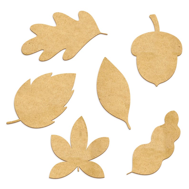 May include: Six brown paper leaf shapes, including an acorn, oak leaf, maple leaf, and three other leaf shapes.