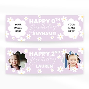 Personalised birthday banner – custom name & photo | daisy design | pastel floral party banner, birthday banner for girls, kids party decor image 4