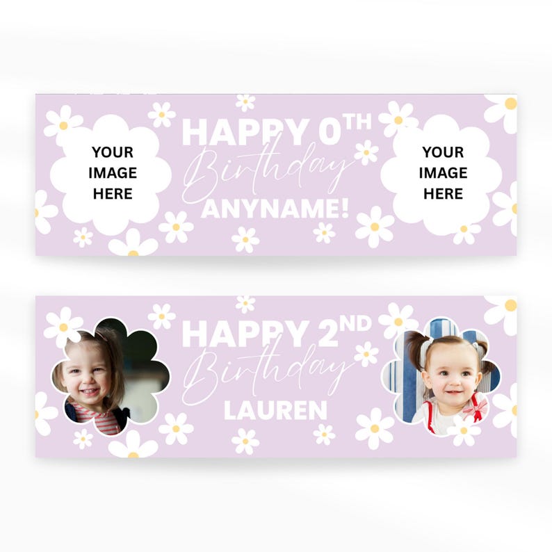 Personalised birthday banner – custom name & photo | daisy design | pastel floral party banner, birthday banner for girls, kids party decor image 4