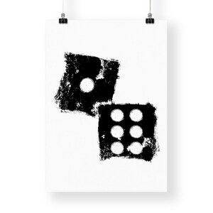 May include: Black and white illustration of two dice. The dice are stylised and have a grunge aesthetic.
