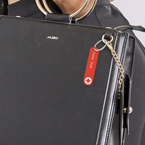 K&ouml;nnte beinhalten: Eine schwarze Ledertasche mit einer goldenen Kette und einem roten Namensschild mit der Aufschrift "Jane Doe". Die Tasche hat einen goldenen Metallgriff und das Wort "ALDO" ist auf der Vorderseite aufgedruckt.