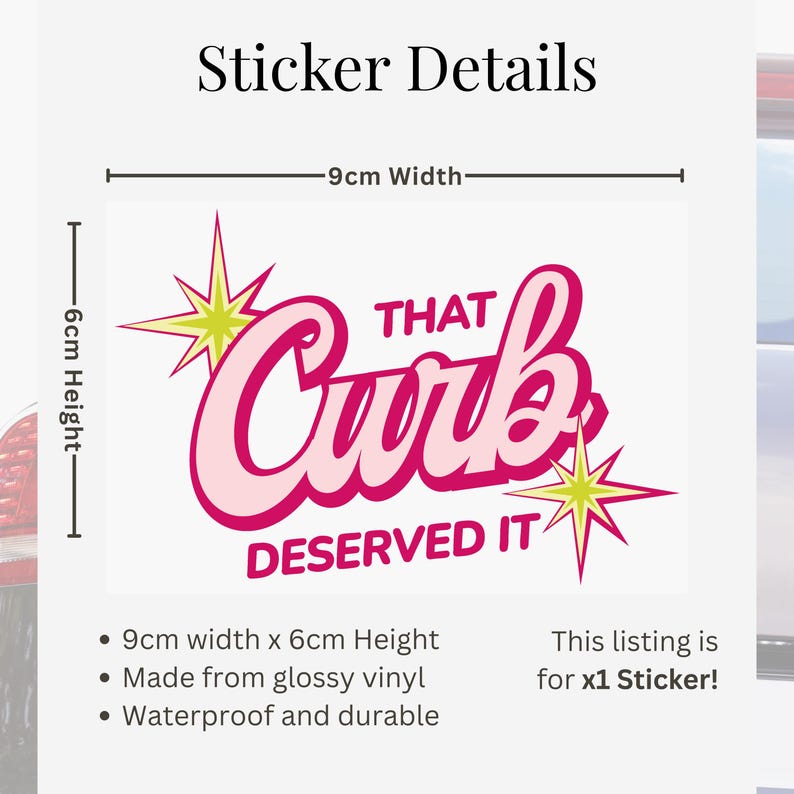 May include: A pink and white sticker with the text "THAT Curb DESERVED IT" in a retro font. The sticker is 9cm wide and 6cm high, made from glossy vinyl, and is waterproof and durable.