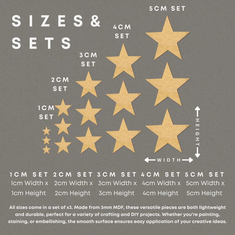 May include: A set of wooden star shapes in various sizes, ranging from 1 cm to 5 cm. Each size is labeled with a set number and dimensions. The stars are made of medium-density fiberboard (MDF) and are perfect for crafting and DIY projects.