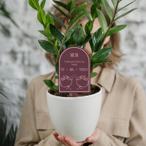 May include: A brown plant stake with a white heart and two cartoon tomatoes. The stake has the text "MUM I love you from my head TO - MA - TOES!"