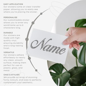 May include: A silver glitter sticker with the word "Name" on a white background. The sticker is being held by a hand. The image includes text describing the features of the sticker, such as easy application, personalization, durability, versatility, and chic and stylish.
