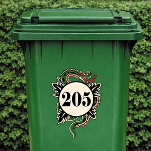 Traditional Tattoo Snake Bin Sticker | Personalised House Number Wheelie Bin Decal | Waterproof Tattoo Snake Bin Label | Alt Home Decor image 3