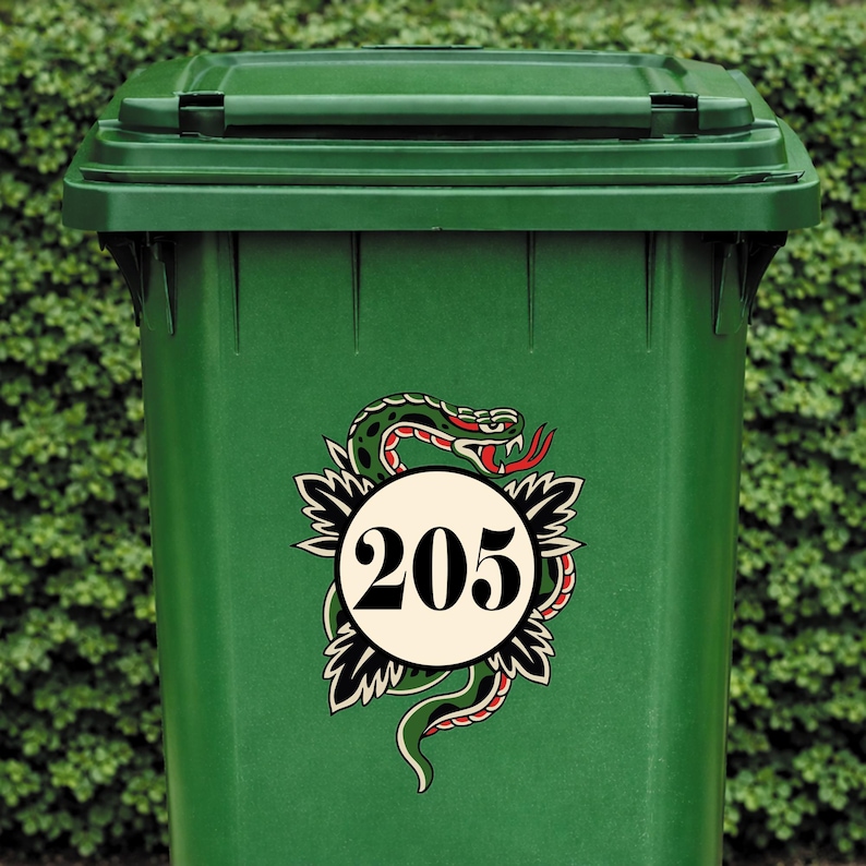 Traditional Tattoo Snake Bin Sticker | Personalised House Number Wheelie Bin Decal | Waterproof Tattoo Snake Bin Label | Alt Home Decor image 3