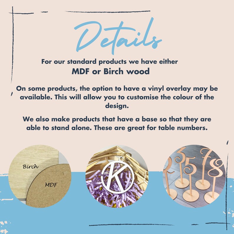 May include: Close-up of two wood samples, one labeled "Birch" and the other "MDF". The image also shows a decorative wooden letter "K" with a vinyl overlay and a set of wooden table numbers with bases.