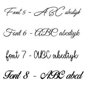 May include: Four examples of cursive fonts are shown against a white background. Each font is labelled with the word "Font" and a number, followed by the alphabet in lowercase and uppercase. The fonts are in black.