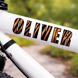 May include: White bicycle frame with the name "OLIVER" in orange and black tiger stripe font. The bike is set against a blurred green and brown background.
