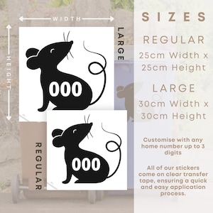 May include: Two black and white mouse silhouette stickers with the number 000 on them. The stickers are available in two sizes: regular, 25cm x 25cm, and large, 30cm x 30cm. The stickers can be customized with any home number up to three digits.
