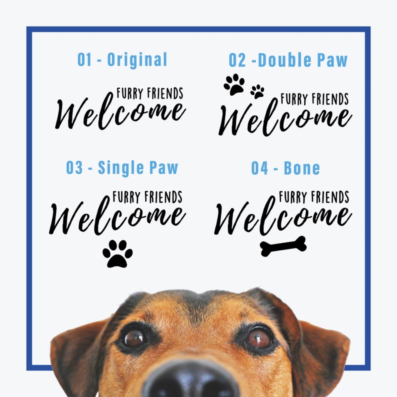 May include: Four different welcome signs with the text "Furry Friends Welcome" and different paw prints or bone icons. The signs are on a white background with a blue border. A dog's face is in the foreground.