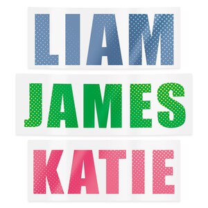 Puede incluir: Tres pegatinas rectangulares con nombres impresos en negrita y punteado. La pegatina superior dice "LIAM" en azul, la del medio "JAMES" en verde y la inferior "KATIE" en rosa. Todos los nombres est&aacute;n centrados.
