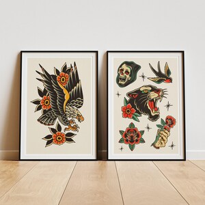 Tatuaje tradicional - Póster de águila: Lámina de arte para tatuajes / Diseño vintage / Lámina de arte mural con tinta clásica / Decoración alternativa para el hogar imagen 2