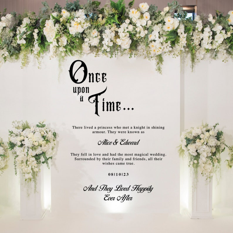 May include: A white background with black text that reads "Once upon a Time..."  There lived a princess who met a knight in shining armour. They were known as Alice & Edward. They fell in love and had the most magical wedding. Surrounded by their family and friends, all their wishes came true. 08/10/23 And They Lived Happily Ever After.