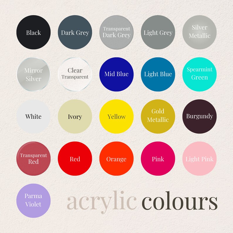 Pu&ograve; includere: Una cartella colori di vernice acrilica con i nomi di ogni colore. I colori includono nero, grigio scuro, grigio scuro trasparente, grigio chiaro, argento metallizzato, argento specchio, trasparente chiaro, blu medio, blu chiaro, verde menta, bianco, avorio, giallo, oro metallizzato, bordeaux, rosso trasparente, rosso, arancione, rosa, rosa chiaro e viola parma.