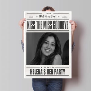 May include: A black and white poster with the headline "KISS THE MISS GOODBYE" and the text "WELCOME TO HELENA'S HEN PARTY." The poster includes a black and white photo of a smiling woman. The date "12/04/26" is printed at the top.